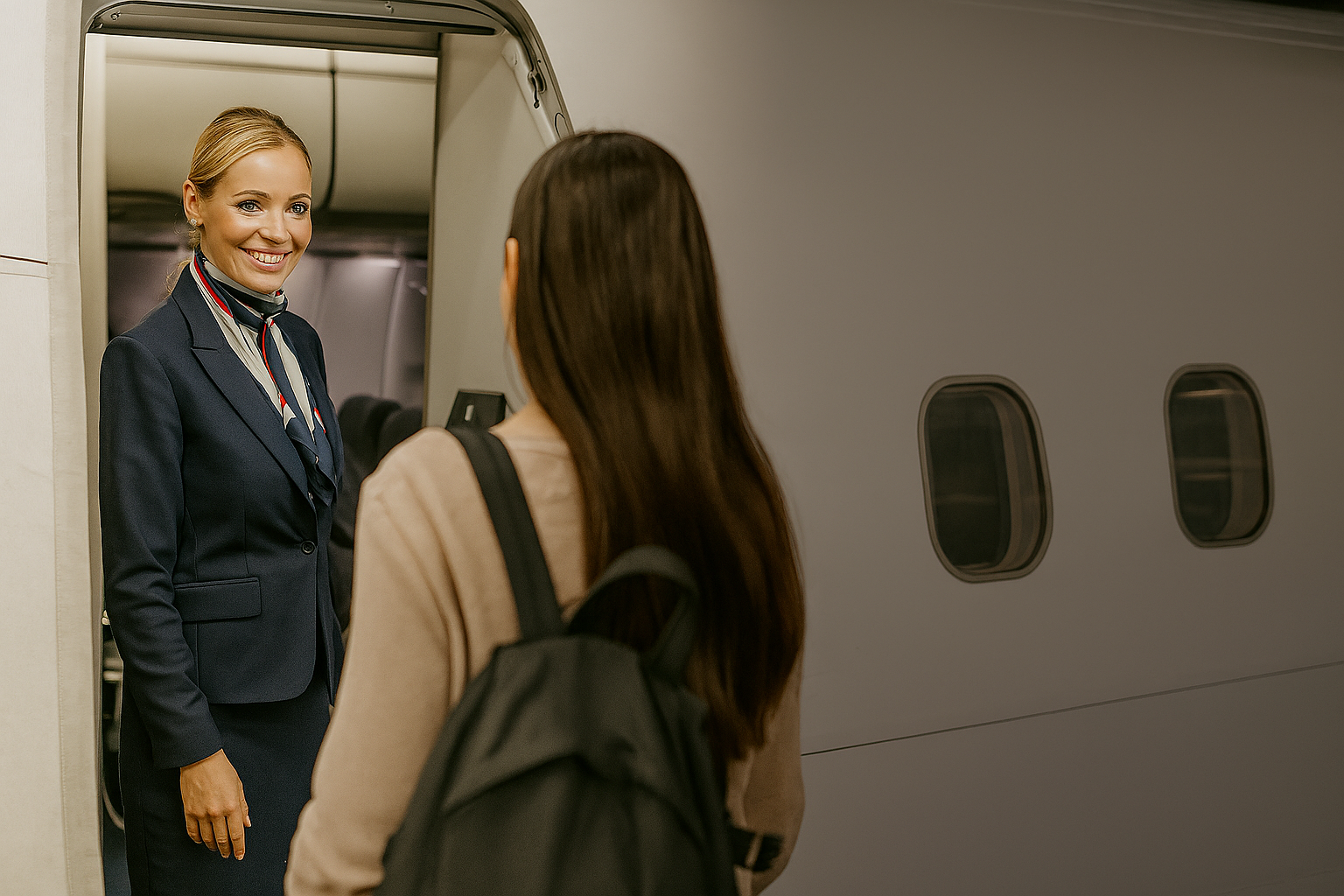 Flight Attendant Greeting Passenger