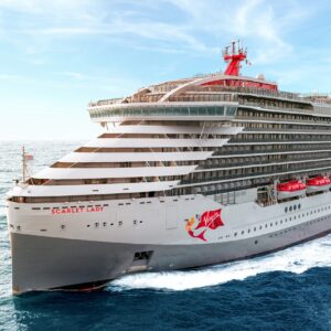 Virgin Voyages' Scarlet Lady sailing on the ocean