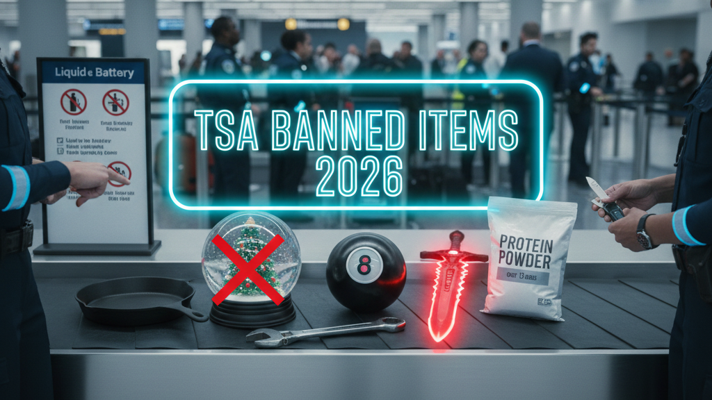 Image of TSA banned items, including a magic 8ball toy and snow globes