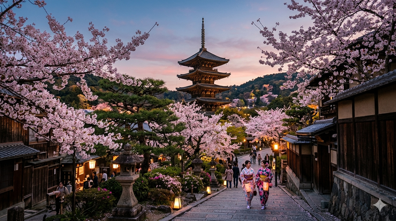 A couple walking down a path in Kyoto in March viewing spring blossoms