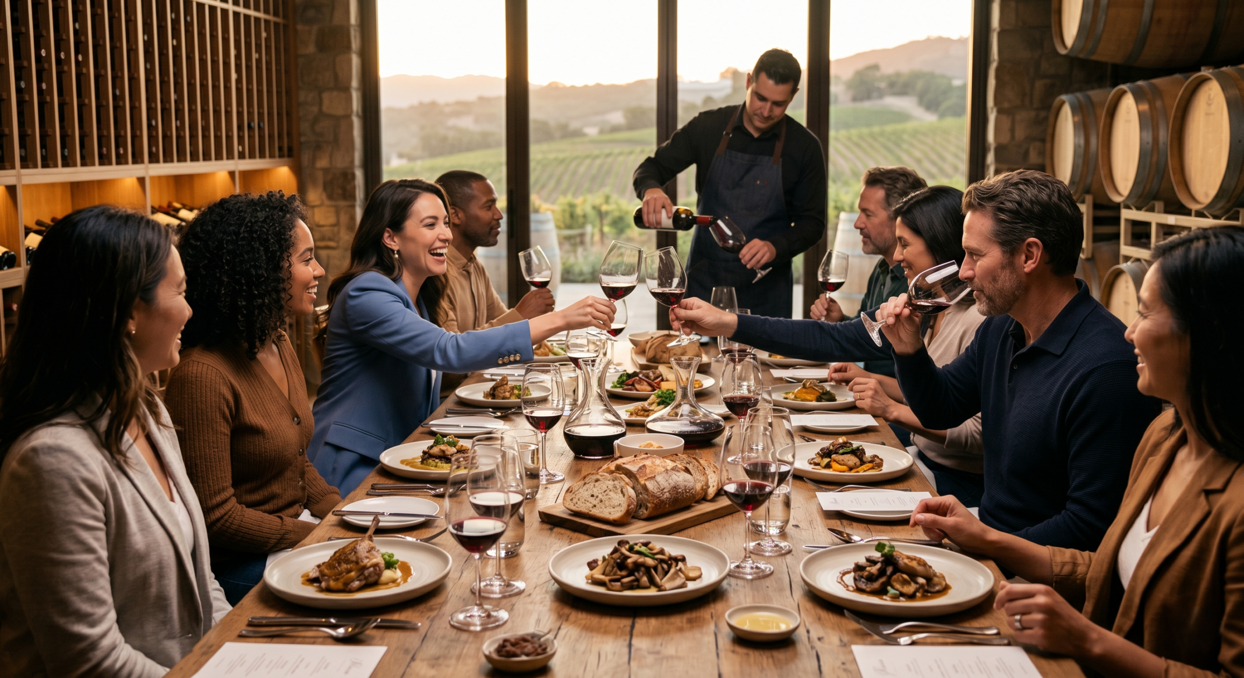 Group of people enjoying food and wine